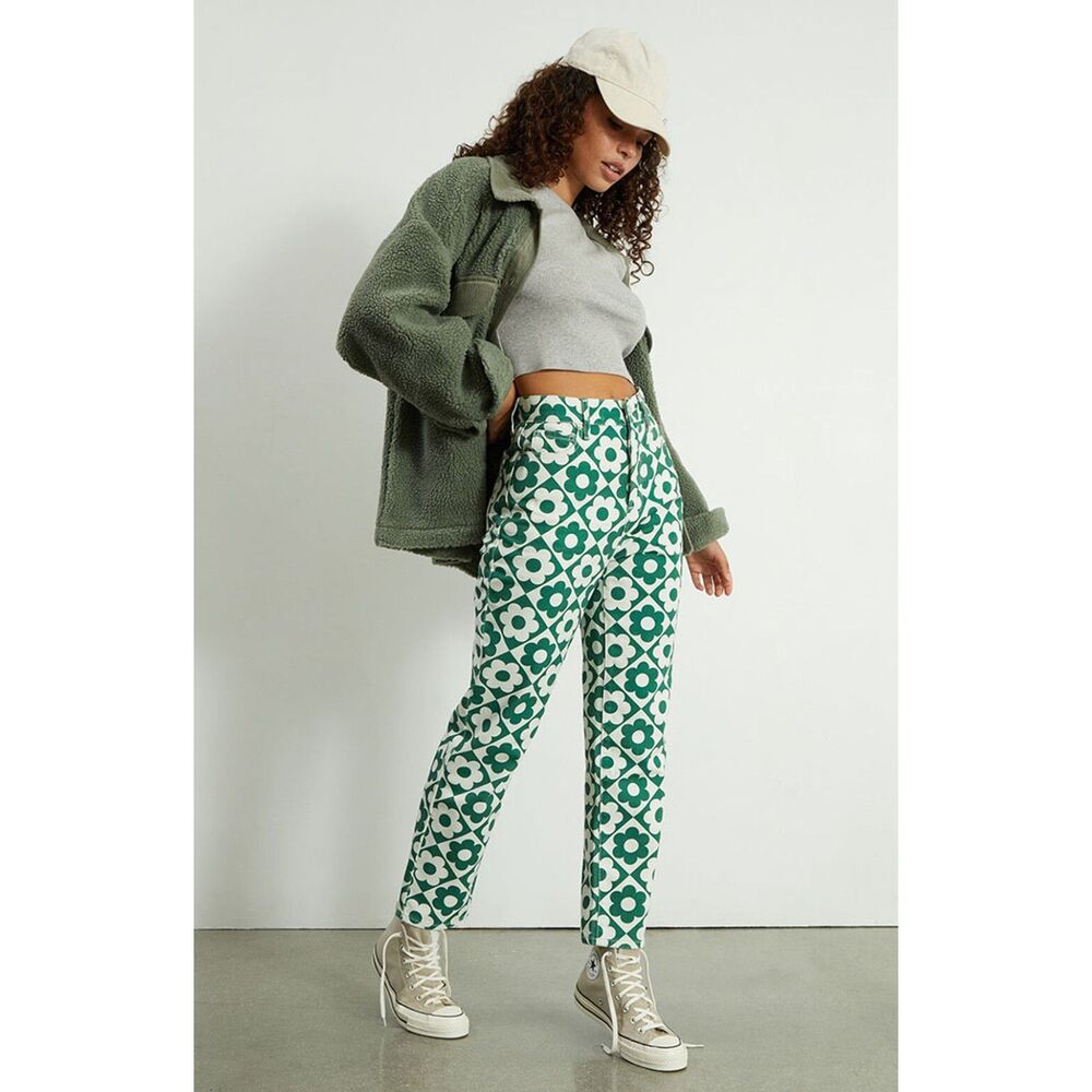 Pacsun Green & White Daisy High Waisted Straight Leg Jeans size 26